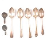 Queen Anne silver dog nose spoon, two pairs of 18th century silver spoons, etc