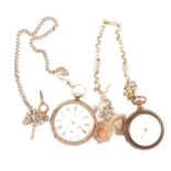 A pinchbeck pair case pocket watch and metal chain, silver pocket watch and chain.