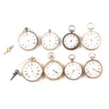 Eight silver cased open faced pocket watches, varying condition.