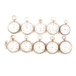 Ten silver cased open faced pocket watches, varying condition.