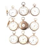 Nine silver cased open faced pocket watches, varying condition.