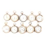 Ten silver cased open faced pocket watches, varying condition.