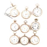 Nine silver cased open faced pocket watches, varying condition.