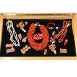 A collection of vintage coral and faux coral jewellery.