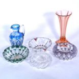 Four Val st Lambert ashtrays, an overlaid glass jug, and a vase