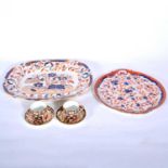 Two Royal Crown Derby Imari pattern cups and saucers, and tray 19th century platters