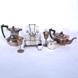 Silver caddy, cruet set and other silver-plate