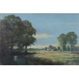 Roland Davies, landscape with river and farmstead.