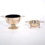 Silver twin-handled pedestal sugar bowl, Walker & Hall, Sheffield 1929, and other silver items.