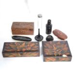 Two Mauchline Fern Ware boxes, ebony pieces, sewing set