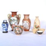 Three Kutani ware items, Sake bottle and cups, and another small vase