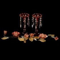 Two Murano glass floral scrolls, and a pair of ruby glass lustres