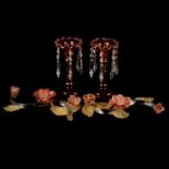 Two Murano glass floral scrolls, and a pair of ruby glass lustres