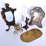 Collection of cast metal Art Nouveau figural items and a strut clock
