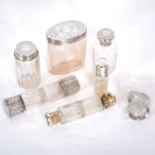 Victorian silver and glass double-ended perfume bottle, and other dressing table items.