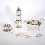 Silver sauce boat, Viner's Ltd, Sheffield 1934, sugar caster, and other small silver.