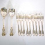 Pair of silver salad servers, James Dixon & Sons Ltd, Sheffield 1954, and other flatware.