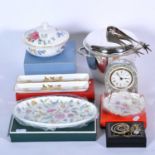 Wedgwood bone china mantel clock, and other boxed decorative china