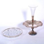 Silver-plated comport, and German glass platter with white metal rim.