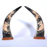 Pair of Chinese carved buffalo(?) horns,