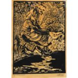 Continental woodblock, woman by a river.