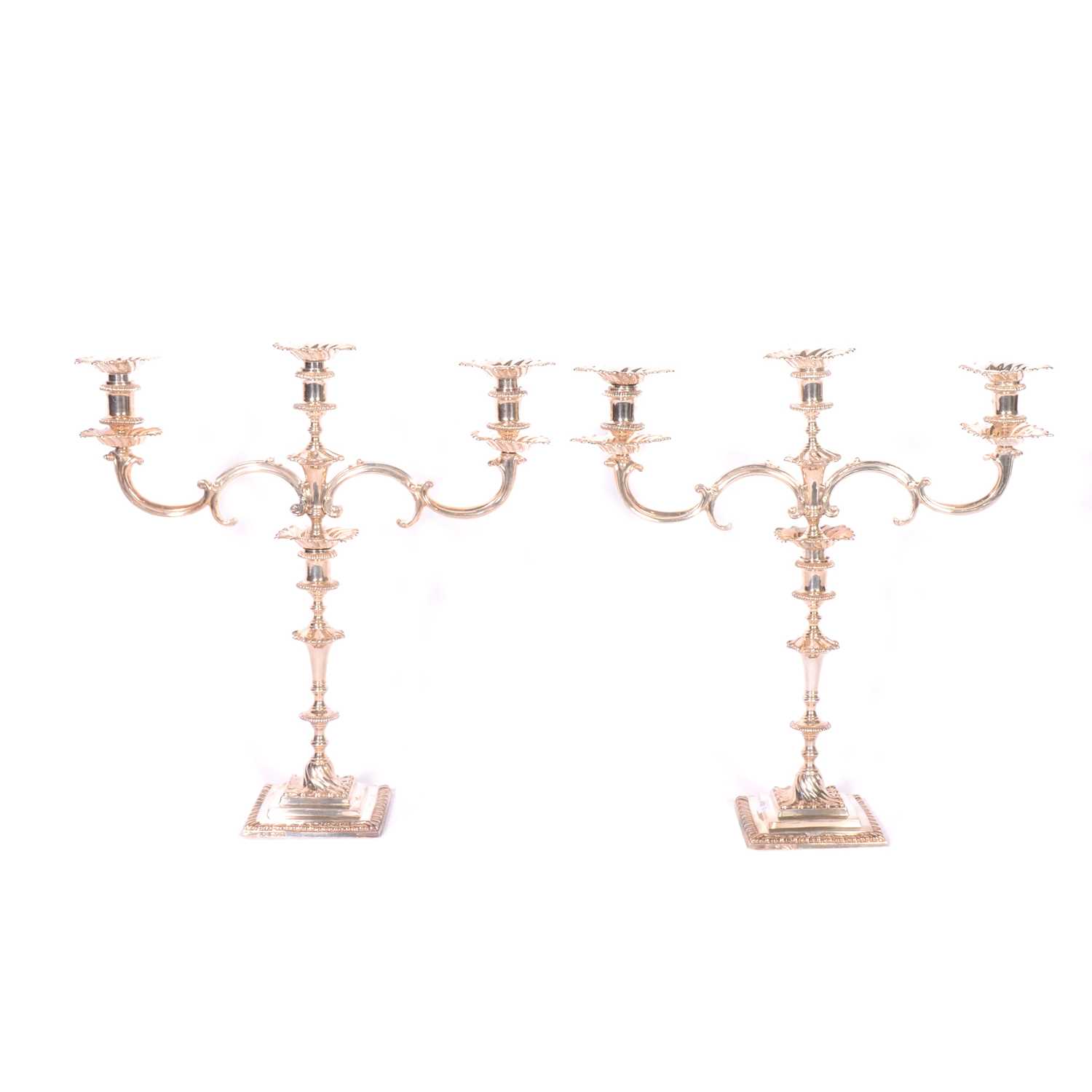 Pair of Edwardian silver three light candelabra, Charles Stuart Harris, London 1904