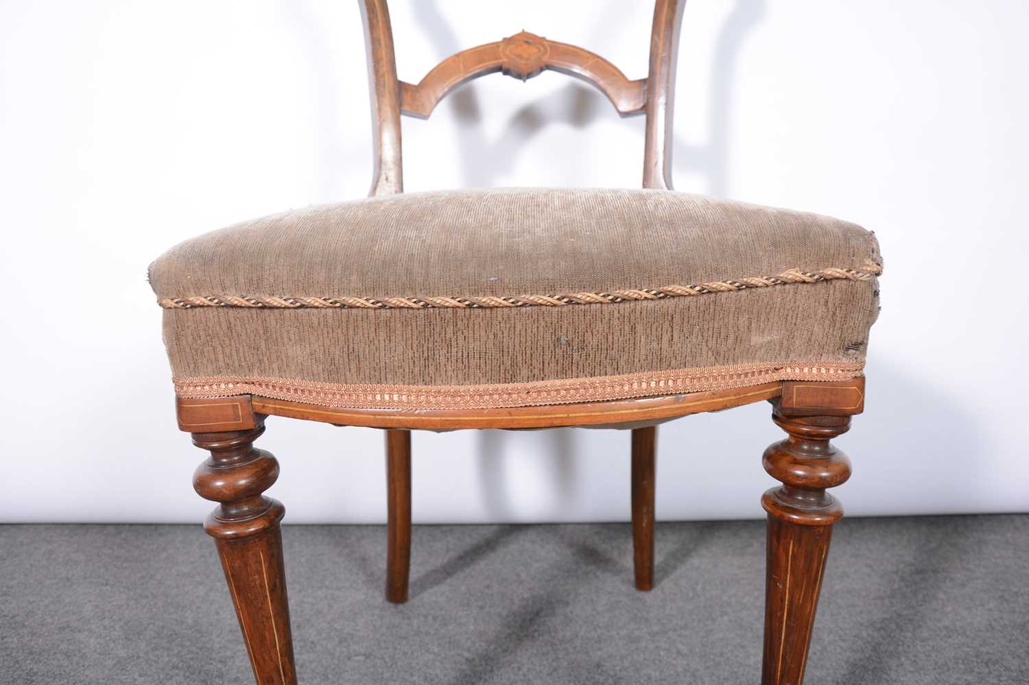 Set of six Victorian walnut and inlaid salon chairs - Image 10 of 13