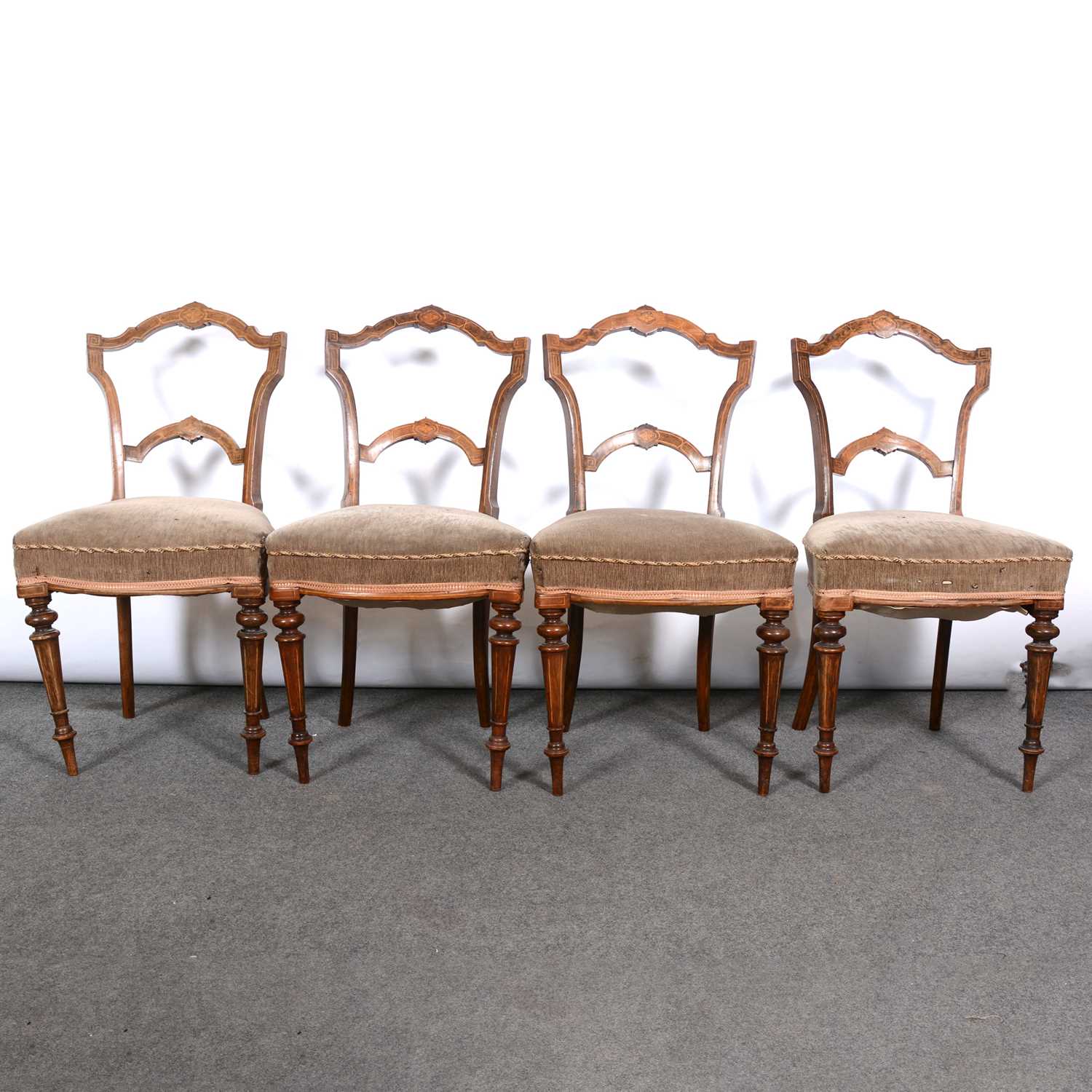 Set of six Victorian walnut and inlaid salon chairs