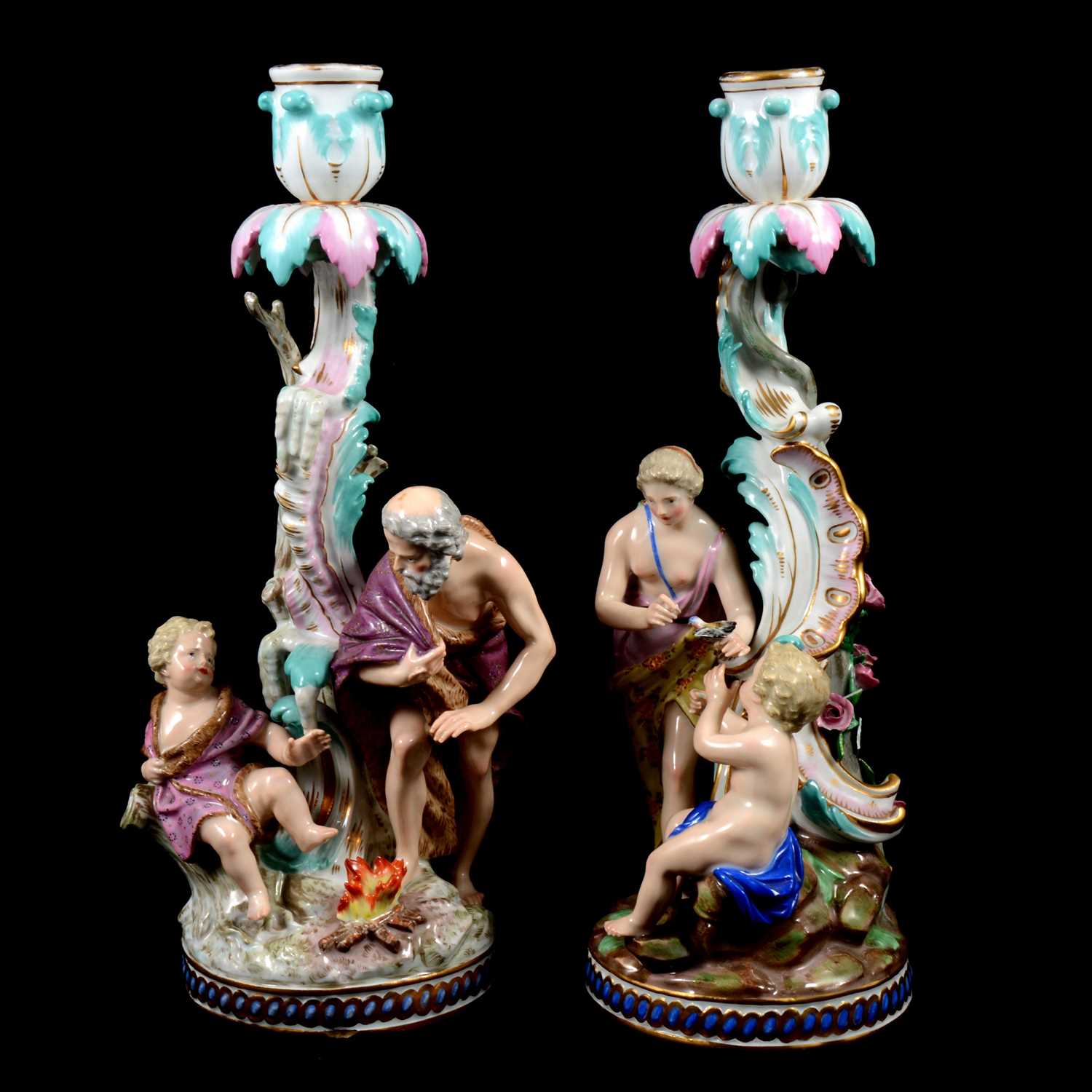 Pair of Meissen porcelain candlesticks, allegorical of the Seasons