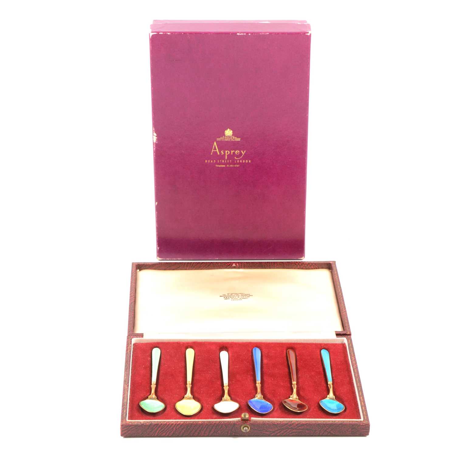 Set of six Harlequin silver gilt and enamelled coffee spoons, retailed by Asprey & Co