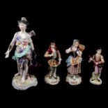 Sitzendorf porcelain figure, Juno with a peacock, a pair of figures and one other,