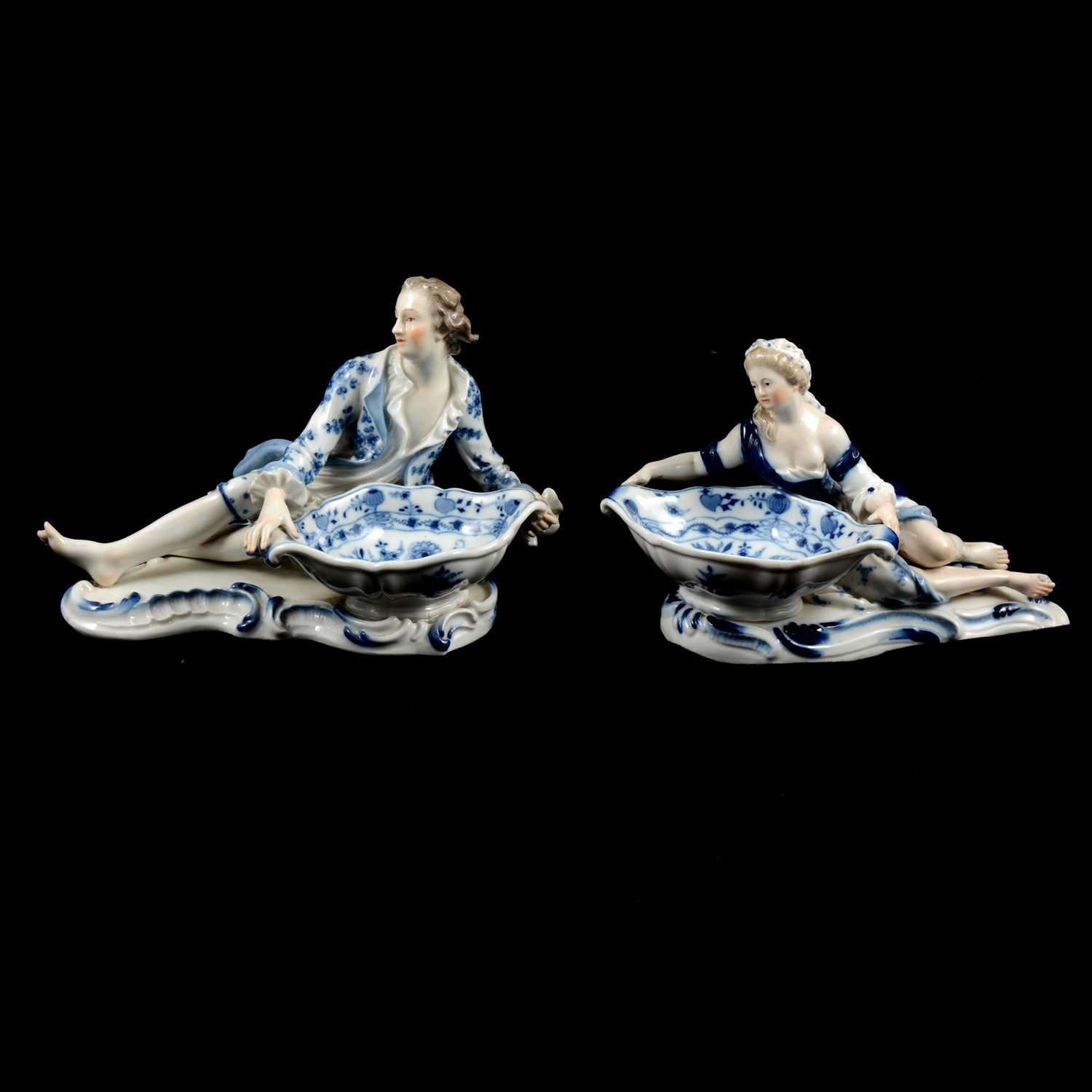 Near pair of Meissen porcelain figural table salts, late 19th / early 20th century