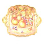 Royal Worcester fruit painted square two-handled dish, David Fuller