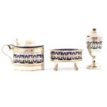 Silver three-piece condiment set, S Blanckensee & Son Ltd, Birmingham 1920.