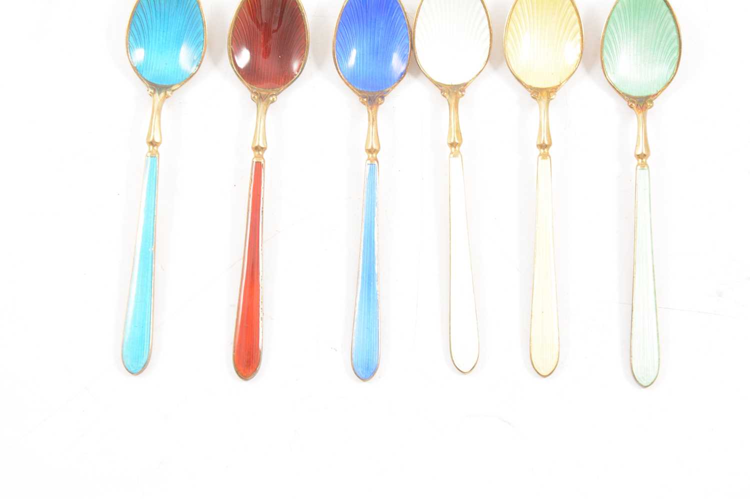 Set of six Harlequin silver gilt and enamelled coffee spoons, retailed by Asprey & Co - Image 6 of 7