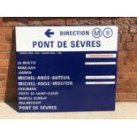 Large original French railway station enamel directions sign, 'M9 Pont De Sevres