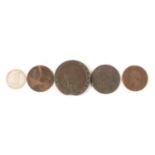 A collection of decimal and pre-decimal coinage, two WWI Victory medals.