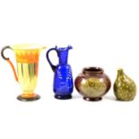 Bristol blue glass jug, Art Deco style jug, three pieces of studio pottery, and other ceramics.