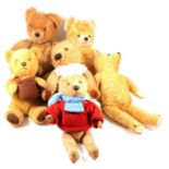 Six vintage teddy bears, including two Chad Valley, one Pedigree etc