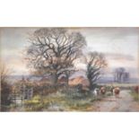 Henry Charles Fox, lane with cattle and farm buildings, and another watercolour.