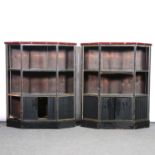 Pair of late Victorian black painted pine open bookcases,