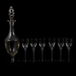Decanter and set of six liqueur glasses, silver-plated sweetmeat dish, and plated basket.