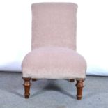 Walnut framed nursing chair of small size, beige upholstery,