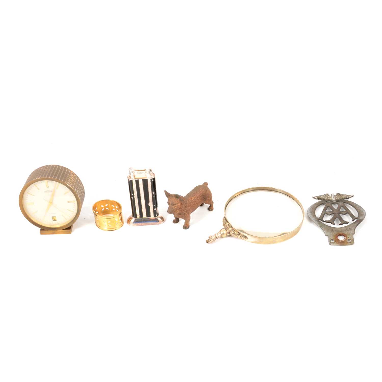 Dunhill lighter, razors, Angelus clock, corgi dog car mascot, AA car badge, and other collectables.