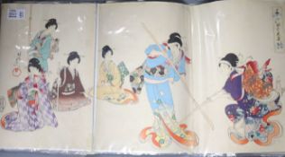 Three Japanese woodblock triptychs by Chikanobu Toyohara and others, Oban format