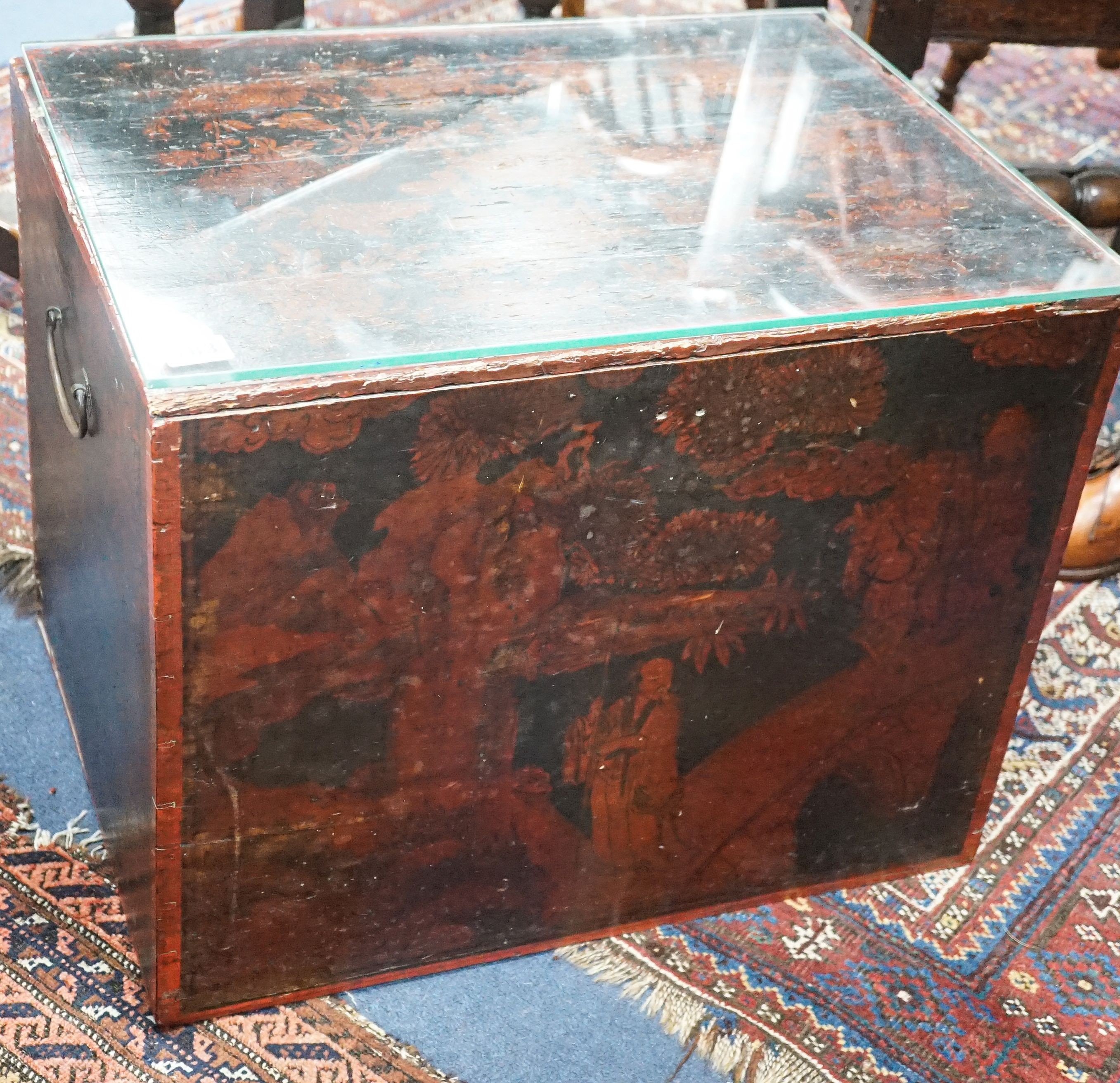 A 19th century Chinese export lacquer work tea chest, width 54cm, depth 40cm, height 43cm