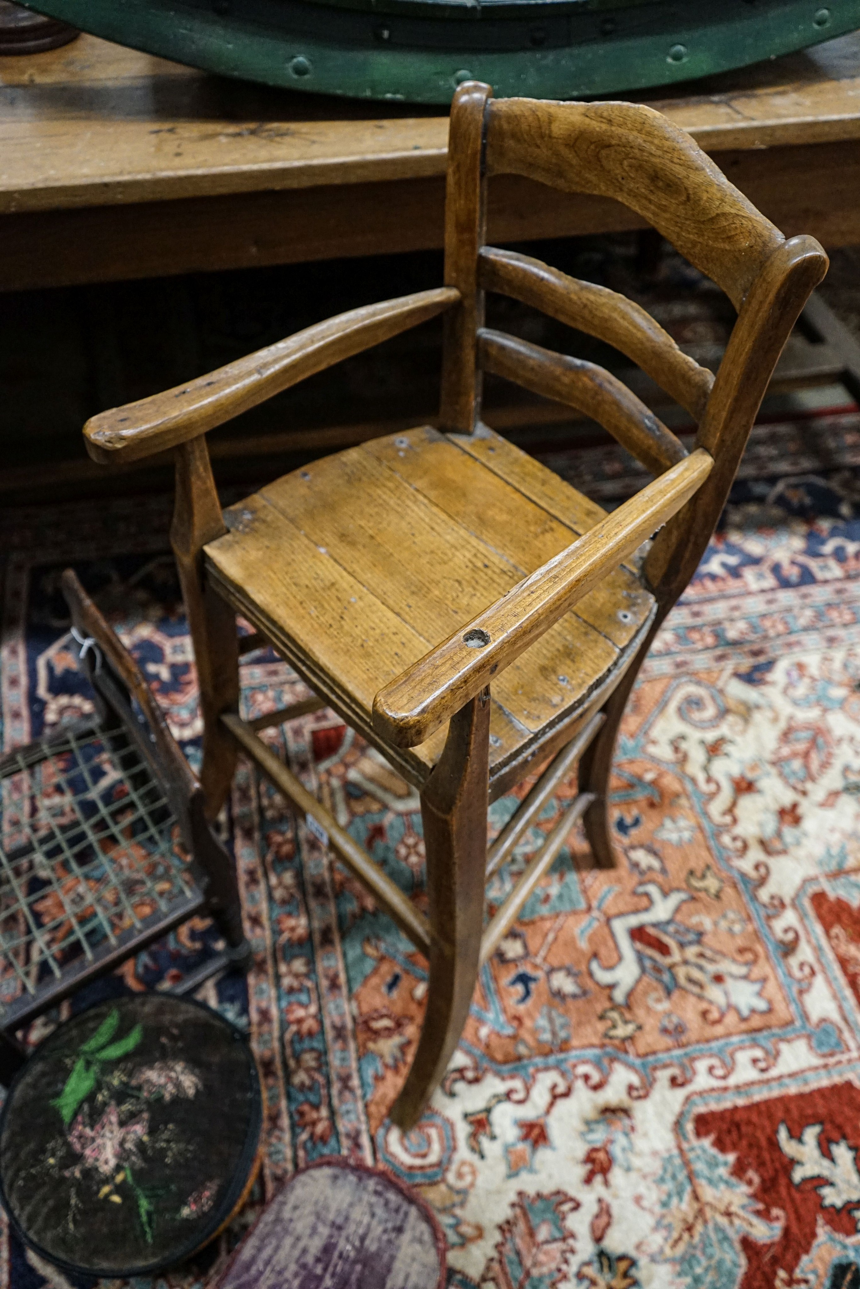 An early 19th century primitive mahogany child's chair, with strung seat, height 29cm, a beech - Image 4 of 4