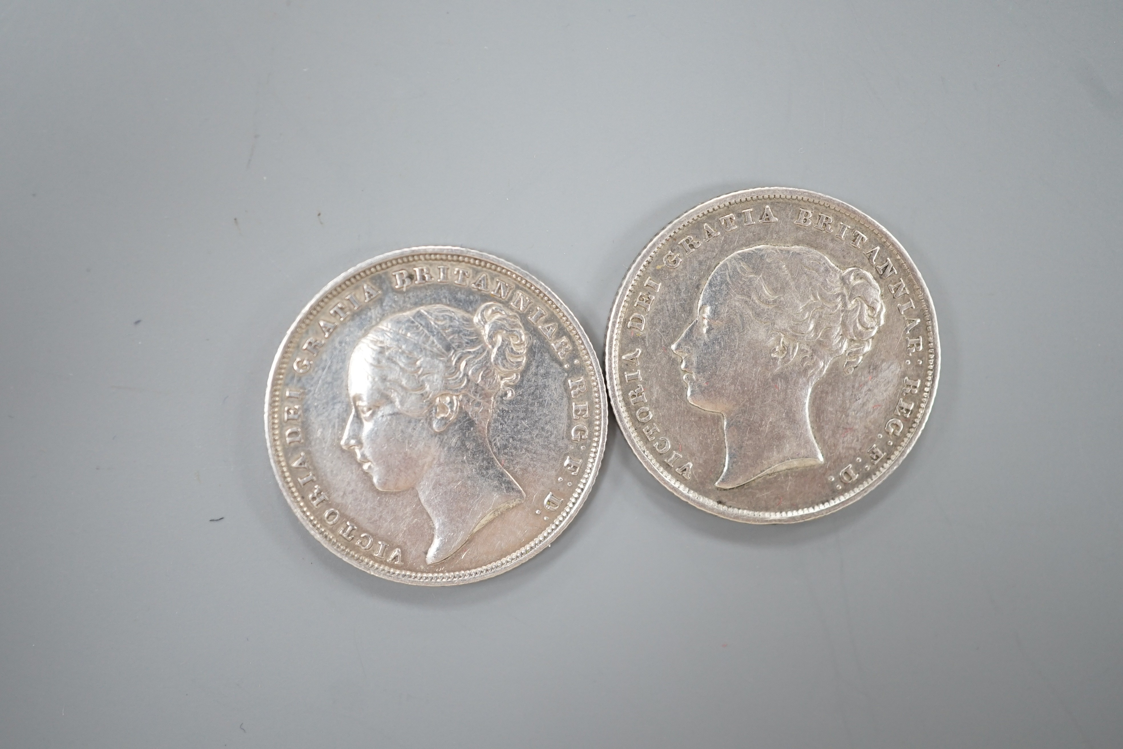 Two Victoria silver shillings 1838, GVF and 1853, VF - Image 2 of 2
