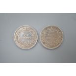 Two Victoria silver shillings 1838, GVF and 1853, VF