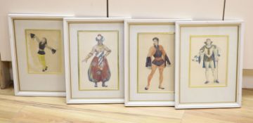 Four opera or theatre costume designs, pencil and watercolour, one indistinctly signed and dated ‘